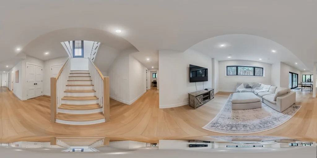 Panoramic view of a bright modern home interior with a central staircase, hardwood floors, wall-mounted TV, sectional sofa, rug, and soft neutral décor.