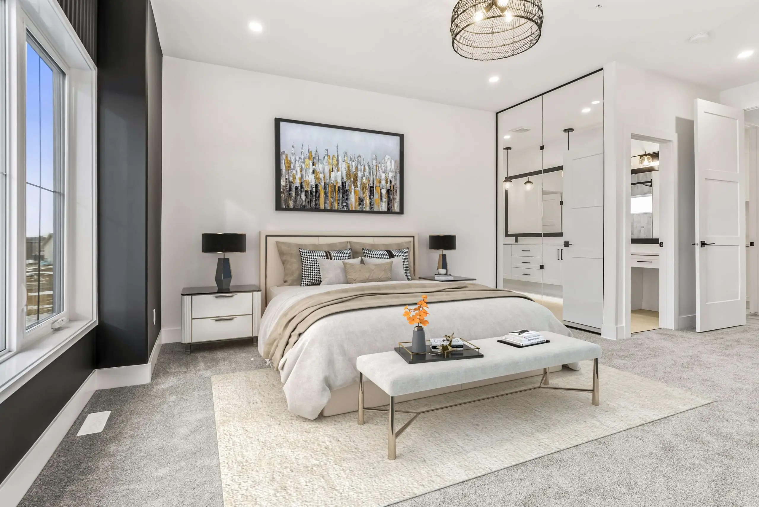Modern bedroom with a large bed, neutral tones